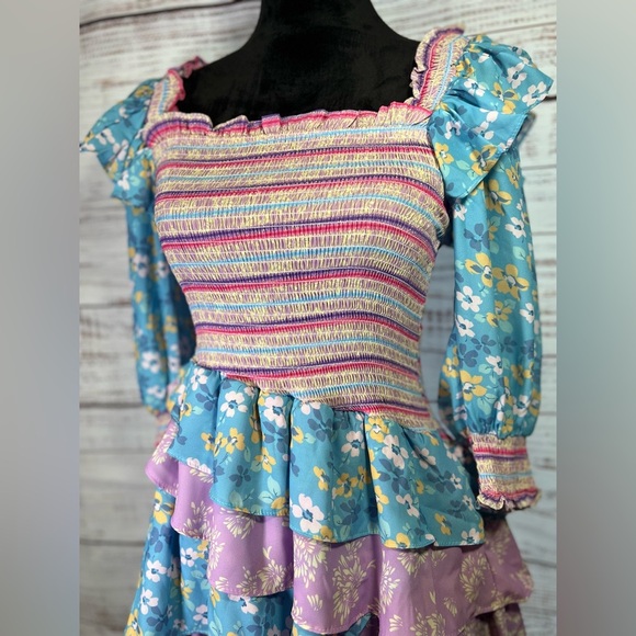 NWT Yvonne & Love Floral Blue and Purple Mini Dress - Picture 3 of 7